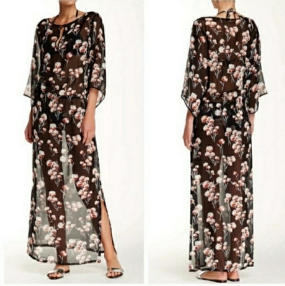 Tory Burch Solaro Long Silk Floral Caftan Maxi Dress Cover Up Black Pink - Picture 1 of 2